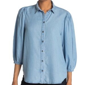 Beachlunchlounge Women M Blue Chambray Isobel Tencel Puff Sleeve Button Blouse